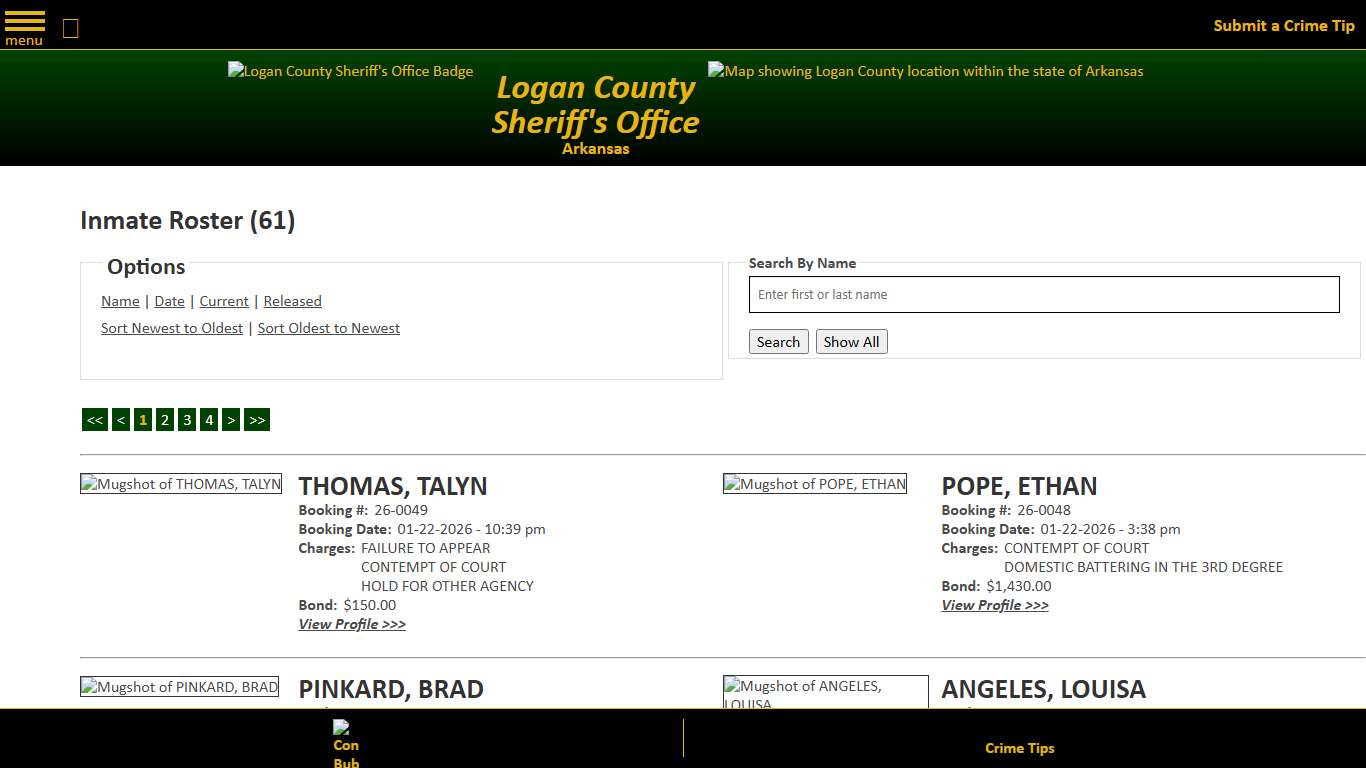 Inmate Roster - Current Inmates Booking Date Descending - Logan County Sheriff's Office, Arkansas