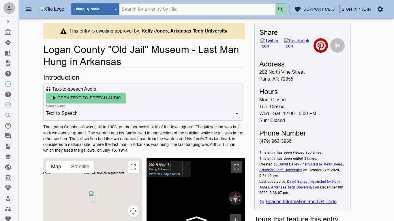 Logan County "Old Jail" Museum - Last Man Hung in Arkansas - Clio