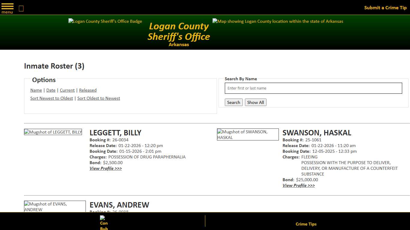 Inmate Roster - Released Inmates Booking Date Descending - Logan County Sheriff's Office, Arkansas